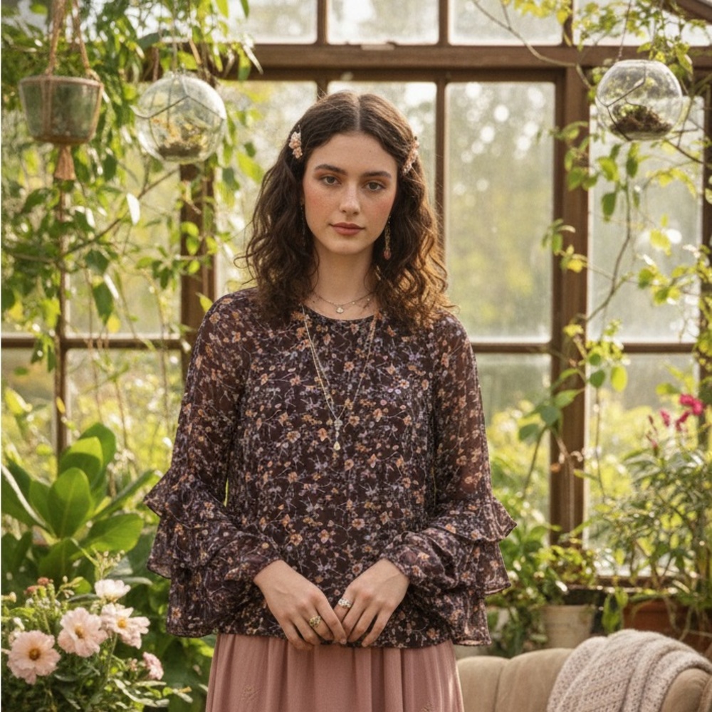 1 State Plum Floral Blouse Sheer Ruffled Bell Sleeves 
Dark Romance Whimsigoth S